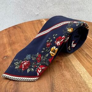 100% Silk Giofer Floral Necktie Navy‎ Blue, Red, Yellow Floral Print Italian 58"